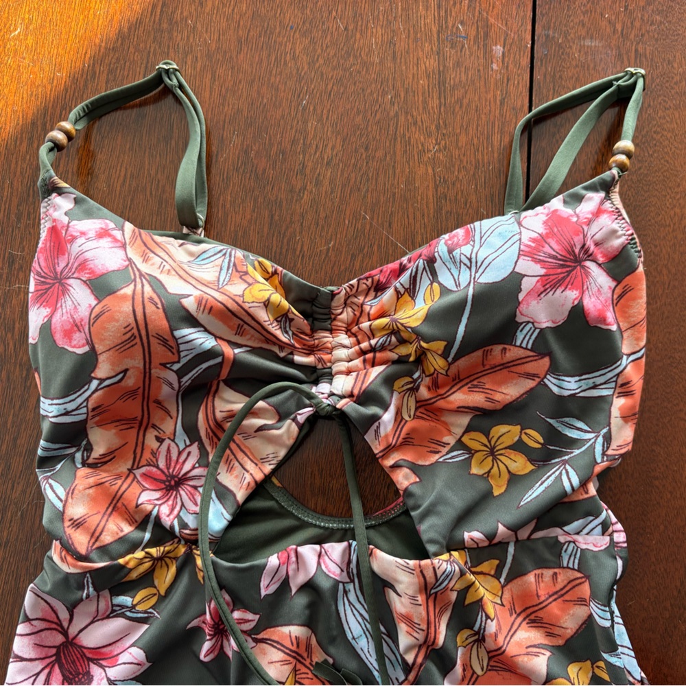 Sanctuary Olive Multi Floral Tie-Front One-Piece Swimsuit - Picture 2 of 5